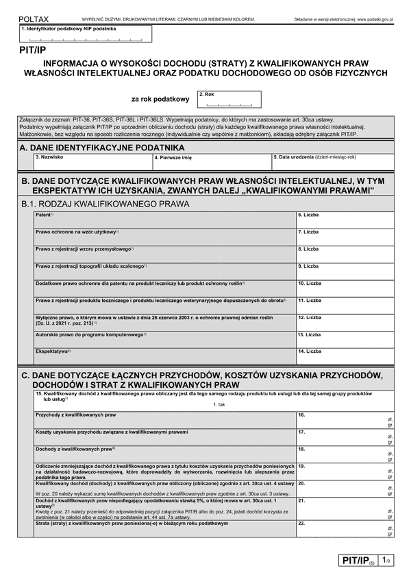 PIT/IP (5) (2023) Informacja o wysokości dochodu (poniesionej straty) z kwalifikowanych praw własności intelektualnej