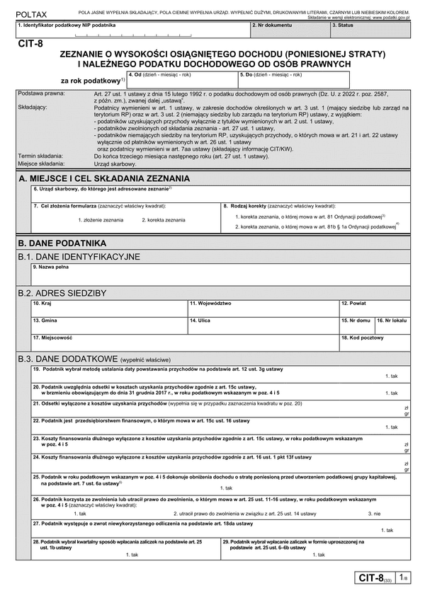 CIT-8 - zeznanie o wysokości osiągniętego dochodu (poniesionej straty)