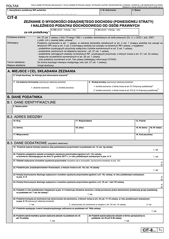 CIT-8 Zeznanie o wysokości osiągniętego dochodu (poniesionej straty)