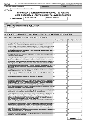 CIT-8/O (19) Informacja o odliczeniach od dochodu i od podatku oraz o dochodach wolnych i zwolnionych od podatku