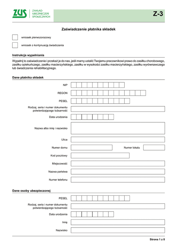 ZUS Z-3 Zaświadczenie płatnika składek - z wysyłką do PUE ZUS