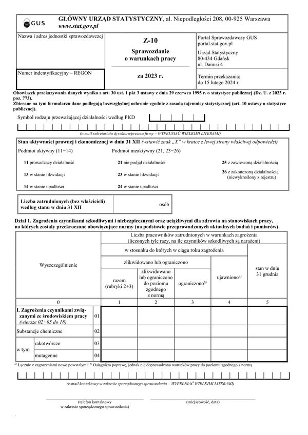 GUS Z-10 (2023) (archiwalny) Sprawozdanie o warunkach pracy za 2023 rok