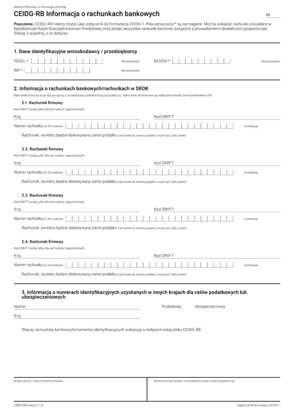 CEIDG-RB (2.1) Informacja o rachunkach bankowych