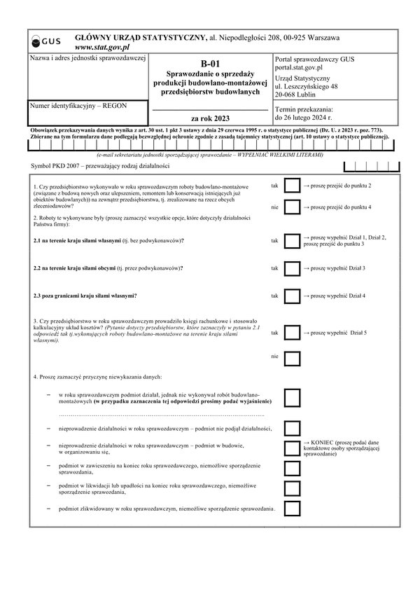 GUS B-01 (2023) (archiwalny) Sprawozdanie o sprzedaży produkcji budowlano-montażowej przedsiębiorstw budowlanych za rok 2023