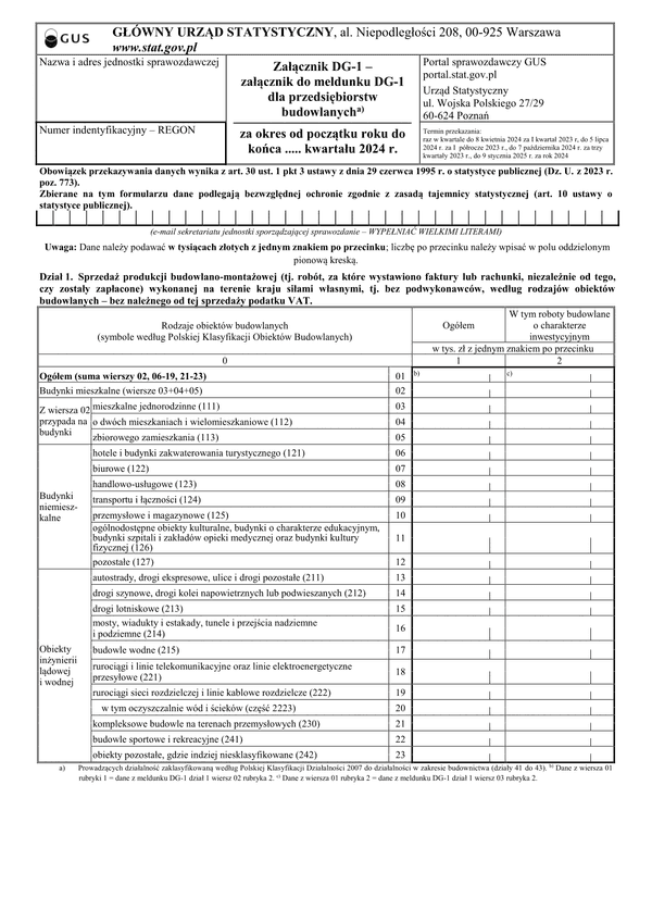 GUS DG-1 ZAŁ (2024) (archiwalny) Załącznik do meldunku DG-1 dla przedsiębiorstw budowlanych