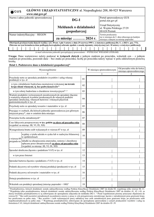 GUS DG-1 (2024) (archiwalny) Meldunek o działalności gospodarczej