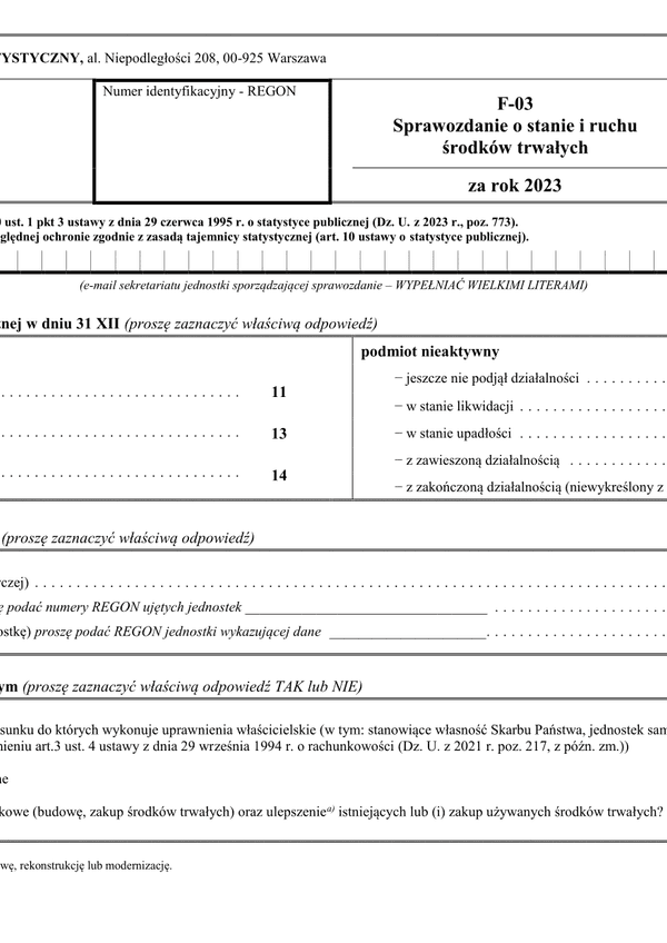 GUS F-03  (archiwalny) Sprawozdanie o stanie i ruchu środków trwałych za rok 2023