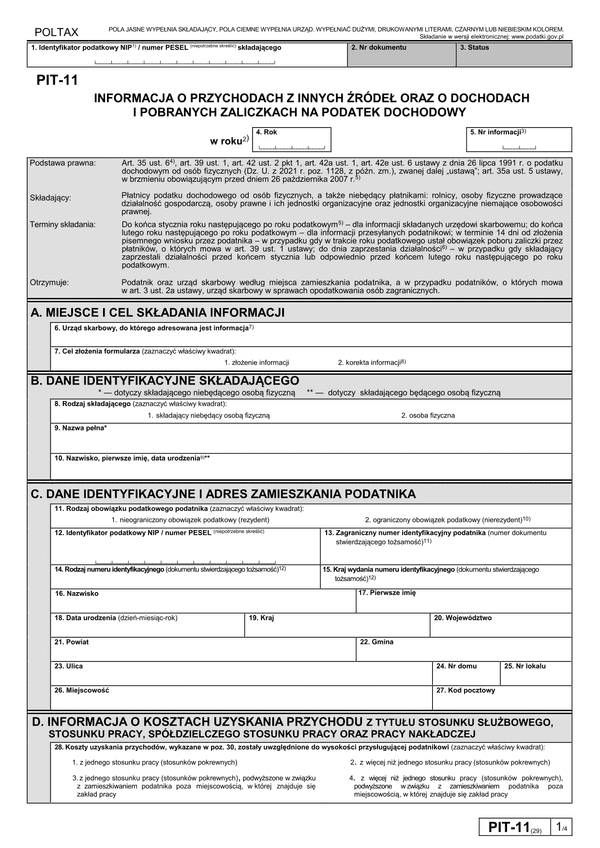PIT-11 (29) (archiwalny) (2024) Informacja o dochodach, pobranych zaliczkach na podatek dochodowy, wypłaconym stypendium oraz przychodach z innych źródeł  (PIT-11 / PIT-11Z)