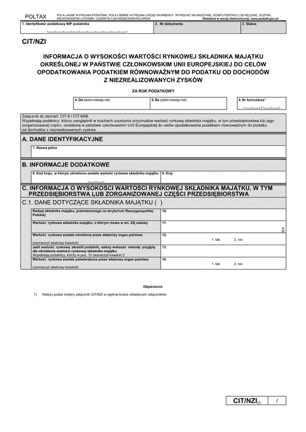 CIT/NZI (2) Informacja o wysokości wartości rynkowej składnika majątku określonej w państwie członkowskim Unii Europejskiej do celów opodatkowania podatkiem równoważnym do podatku od dochodów