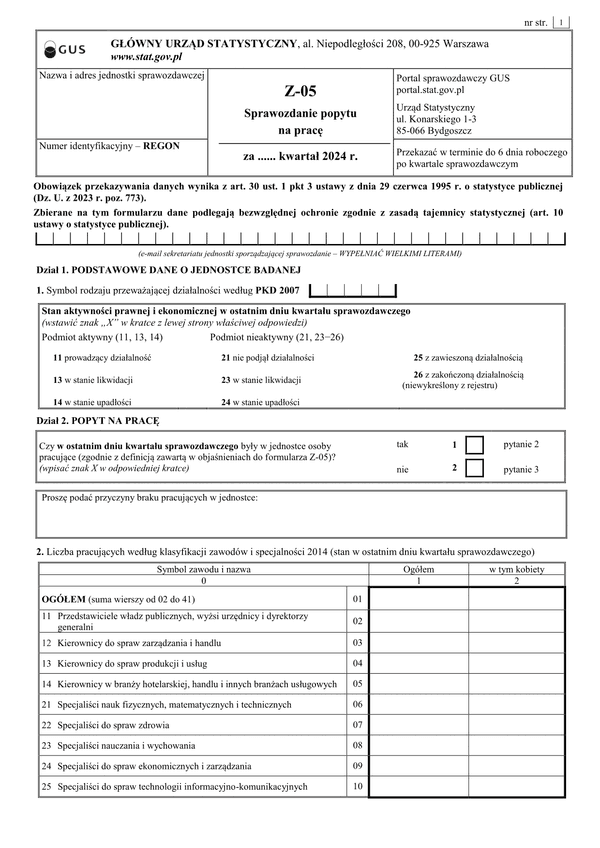GUS Z-05 (2024) (archiwalny) Badanie popytu na pracę