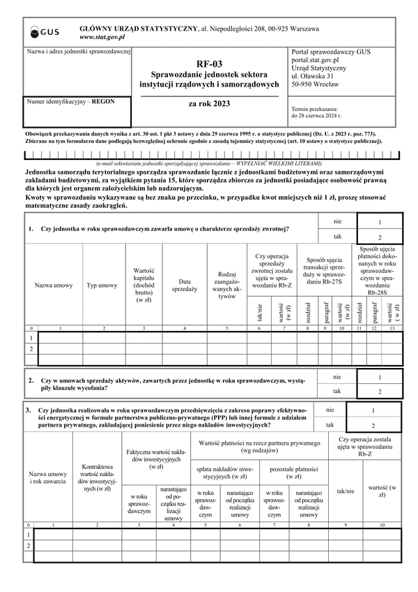 GUS RF-03 (2023) (archiwalny) Sprawozdanie jednostek sektora instytucji rządowych i samorządowych