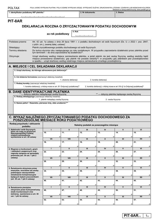 PIT-8AR (13) (archiwalny) (2024) Deklaracja roczna o zryczałtowanym podatku dochodowym