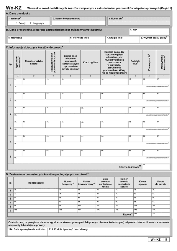 PFRON WN-KZ(II) (od I 2015) Wniosek o zwrot dodatkowych kosztów związanych z zatrudnianiem pracowników niepełnosprawnych (część II)