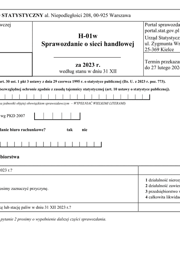 GUS H-01w (2023) (archiwalny) Sprawozdanie o sieci handlowej według stanu w dniu 31 XII 2023 r.