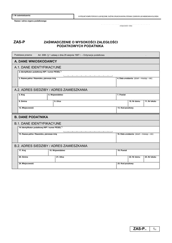 ZAS-P (4) (od 2019) Zaświadczenie o wysokości zaległości podatkowych podatnika