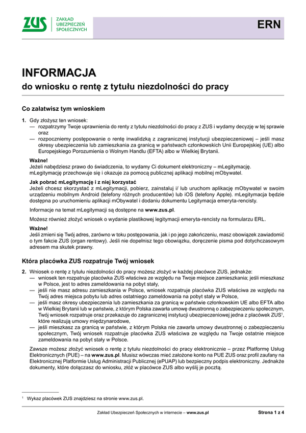 ZUS ERN Inf (archiwalny) Informacja do wniosku o rentę z tytułu niezdolności do pracy