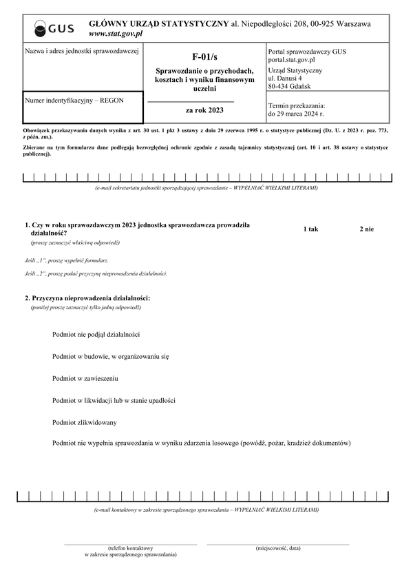 GUS F-01/s (2023) (archiwalny) Sprawozdanie o przychodach, kosztach i wyniku finansowym szkół wyższych za rok 2023