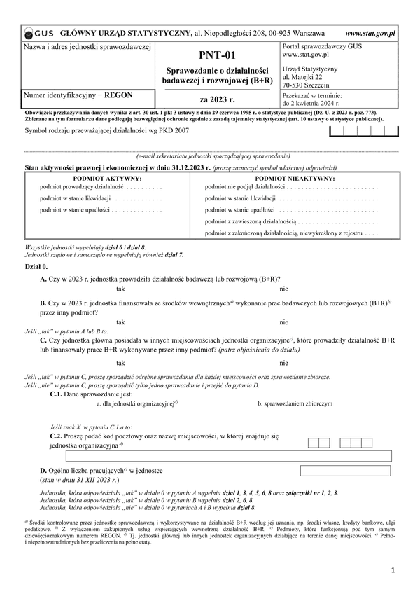 GUS PNT-01 (archiwalny) (2023) Sprawozdanie o działalności badawczej i rozwojowej za 2023 r.