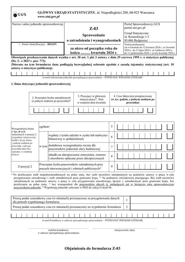 GUS Z-03 (2024) (archiwalny) Sprawozdanie o zatrudnieniu i wynagrodzeniach
