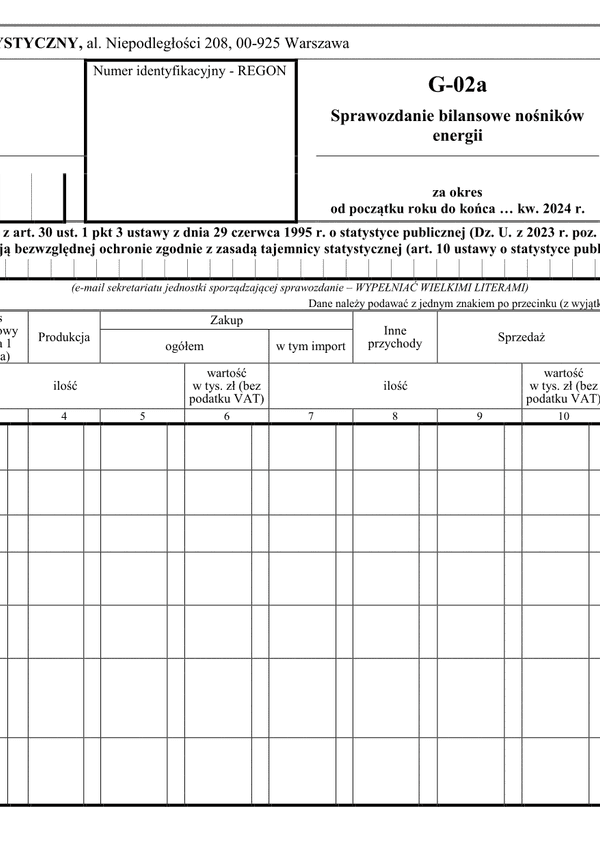 GUS G-02a (archiwalny) (2024) Sprawozdanie bilansowe nośników energii