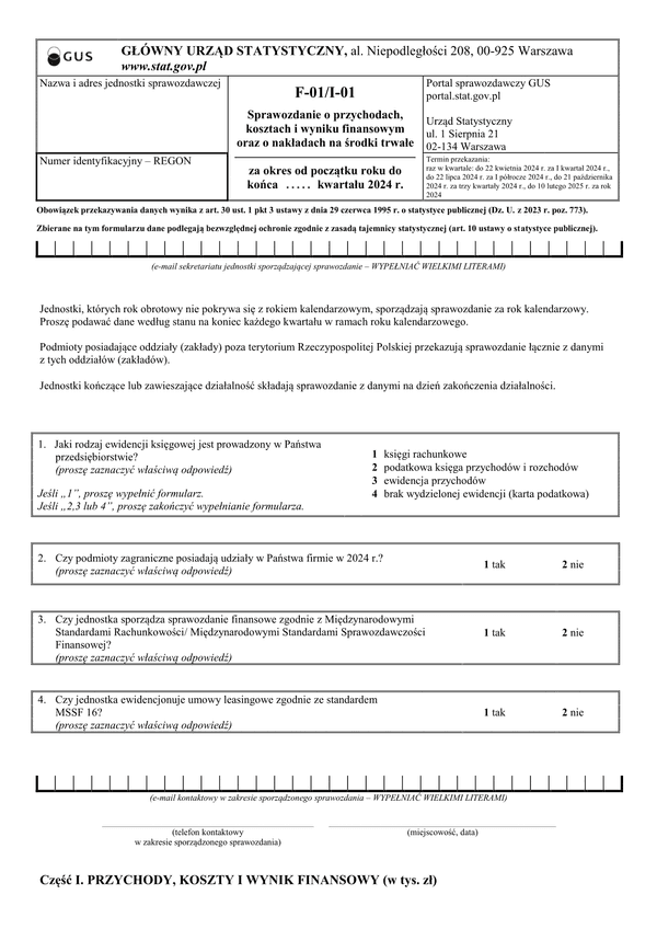 GUS F-01/I-01 (2024) (archiwalny) Sprawozdanie o przychodach, kosztach i wyniku finansowym oraz o nakładach na środki trwałe