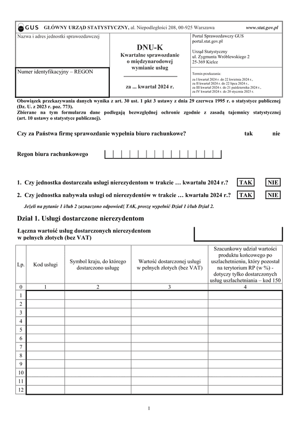 GUS DNU-K (2024) (archiwalny) Kwartalne sprawozdanie o międzynarodowej wymianie usług