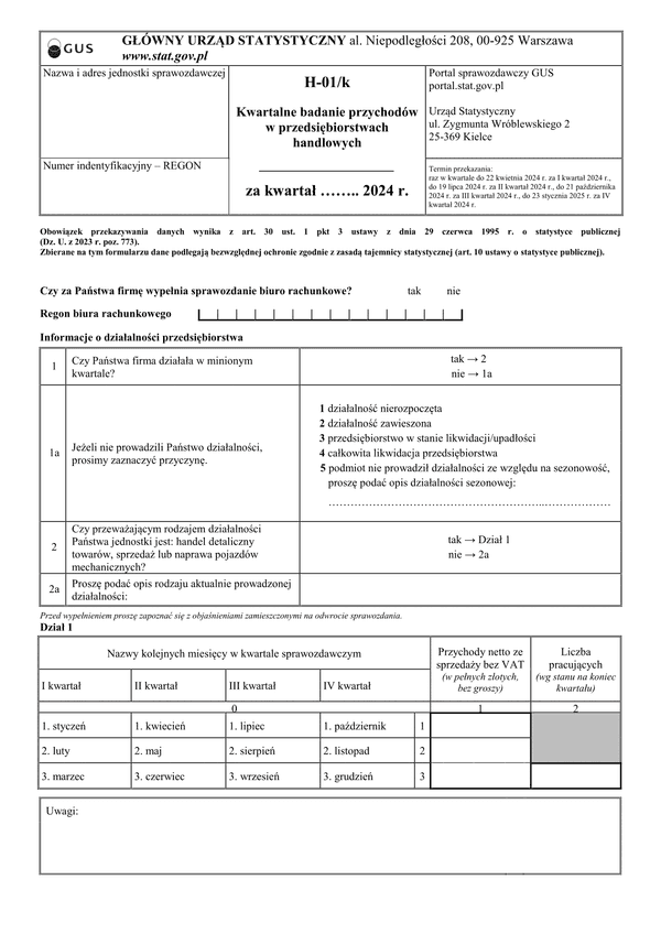 GUS H-01/k (2024) Kwartalne badanie przychodów w przedsiębiorstwach handlowych
