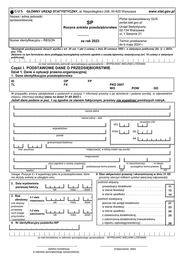 GUS SP (2023) (archiwalny) Roczna ankieta przedsiębiorstwa za rok 2023