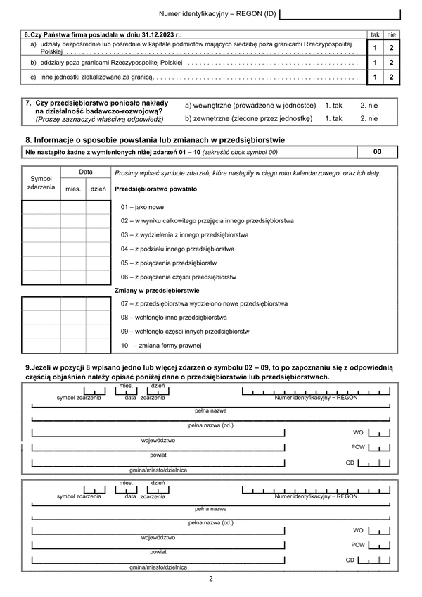 GUS SP (2023) s.2 (archiwalny) Roczna ankieta przedsiębiorstwa za rok 2023 - załącznik strona 2