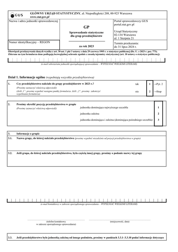 GUS GP (2023) (archiwalny) Sprawozdanie statystyczne dla grup przedsiębiorstw za rok 2023