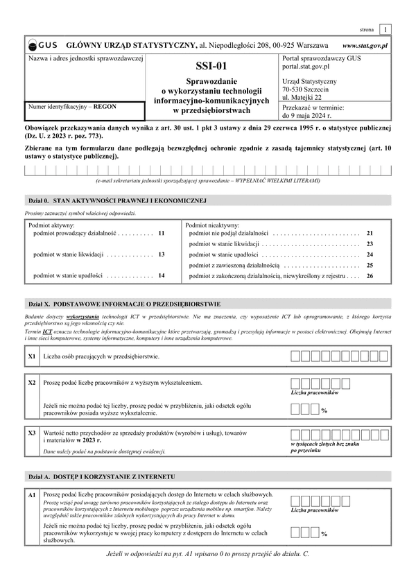 GUS SSI-01 (2024) (archiwalny) Sprawozdanie o wykorzystaniu technologii informacyjno-telekomunikacyjnych w przedsiębiorstwach