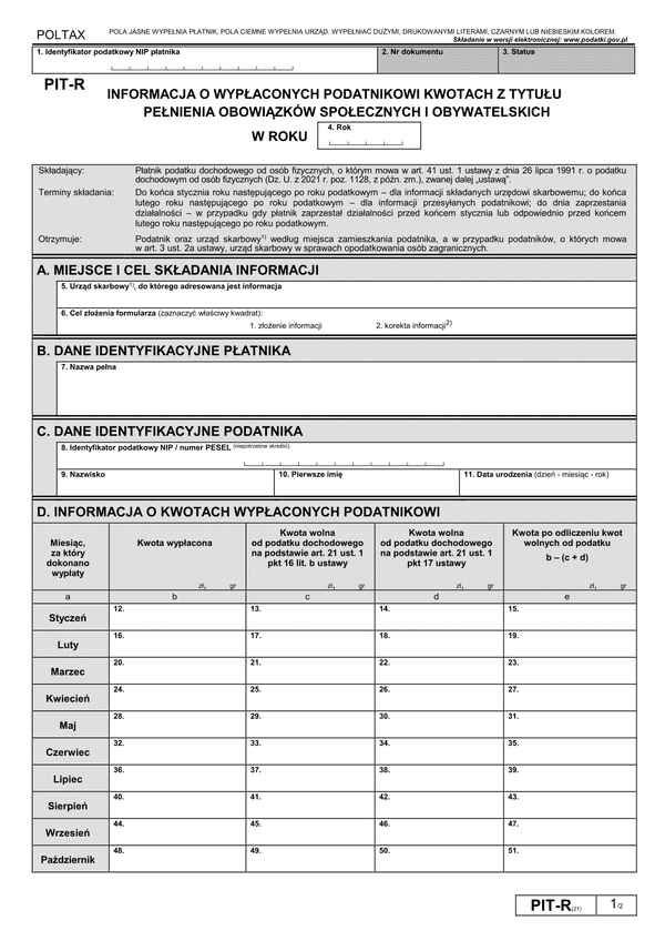 PIT-R (21) (archiwalny) (2024) Informacja o wypłaconych podatnikowi kwotach z tytułu pełnienia obowiązków społecznych i obywatelskich (PIT-R / PIT-RZ) 