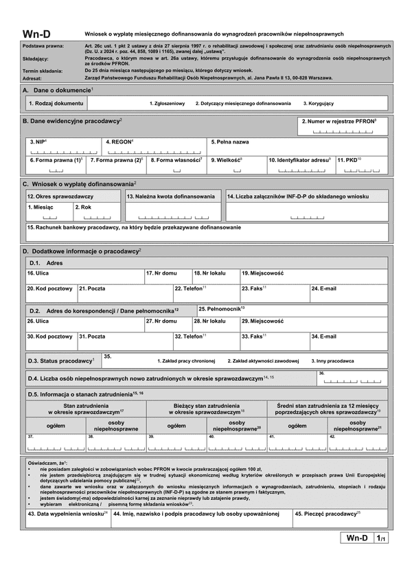 PFRON Wn-D (od VIII 2024) Wniosek o wypłatę miesięcznego dofinansowania do wynagrodzeń pracowników niepełnosprawnych