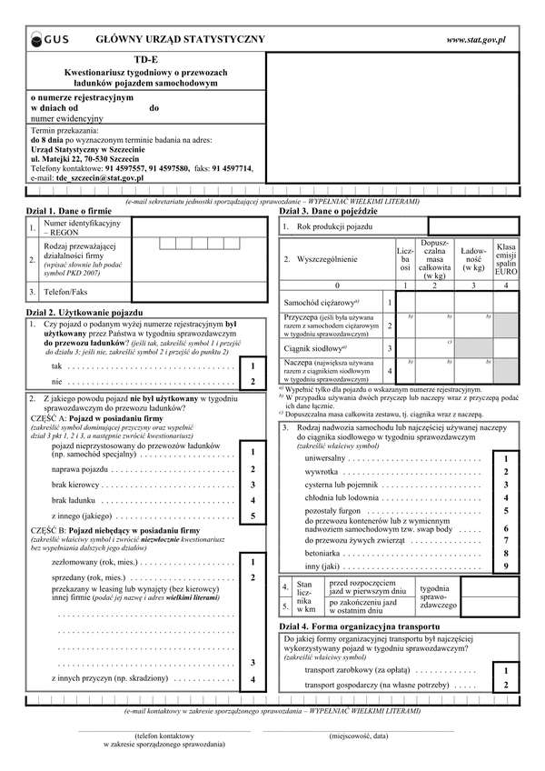GUS TD-E (archiwalny) Kwestionariusz tygodniowy o przewozach ładunków pojazdem samochodowym