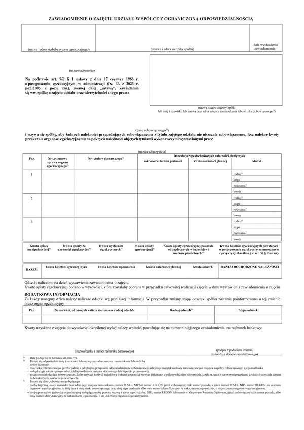ZoZUwS Zawiadomienie o zajęciu udziału w spółce z ograniczoną odpowiedzialnością