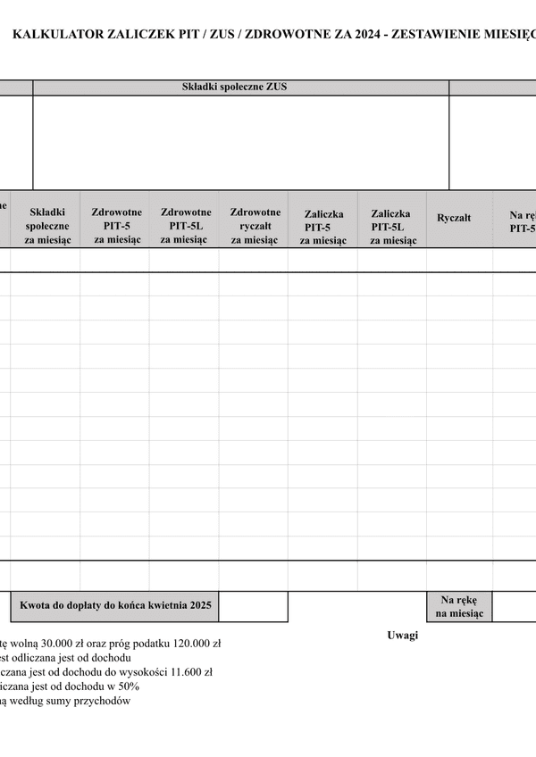 KzPZZ - API Kalkulator zaliczek PIT/ZUS/zdrowotne za 2024 - zestawienie miesięczne