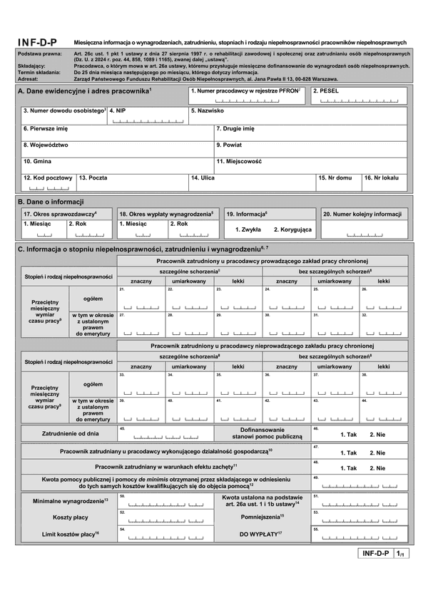 PFRON INF-D-P (od VIII 2024) Miesięczna informacja o wynagrodzeniach, zatrudnieniu i stopniach niepełnosprawności pracowników niepełnosprawnych