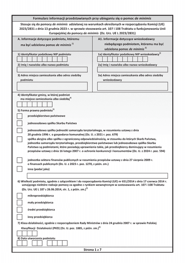 PFRON INF-O-PdM Formularz informacji przedstawianych przy ubieganiu się o pomoc de minimis 