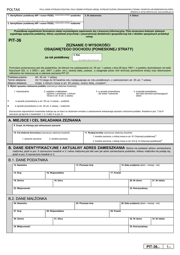 PIT-36 (31) (2024) Zeznanie o wysokości osiągniętego dochodu (poniesionej straty)