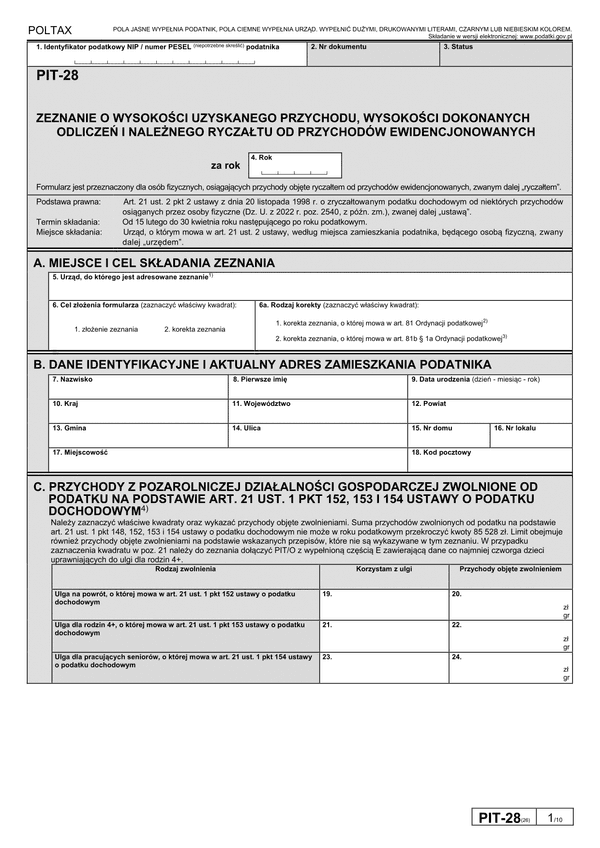  PIT-28 Zeznanie o wysokości uzyskanego przychodu, wysokości dokonanych odliczeń i należnego ryczałtu od przychodów ewidencjonowanych