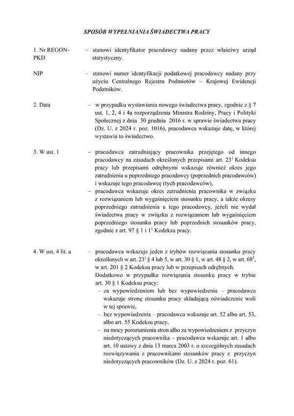 SP-In Instrukcja wypełniania świadectwa pracy