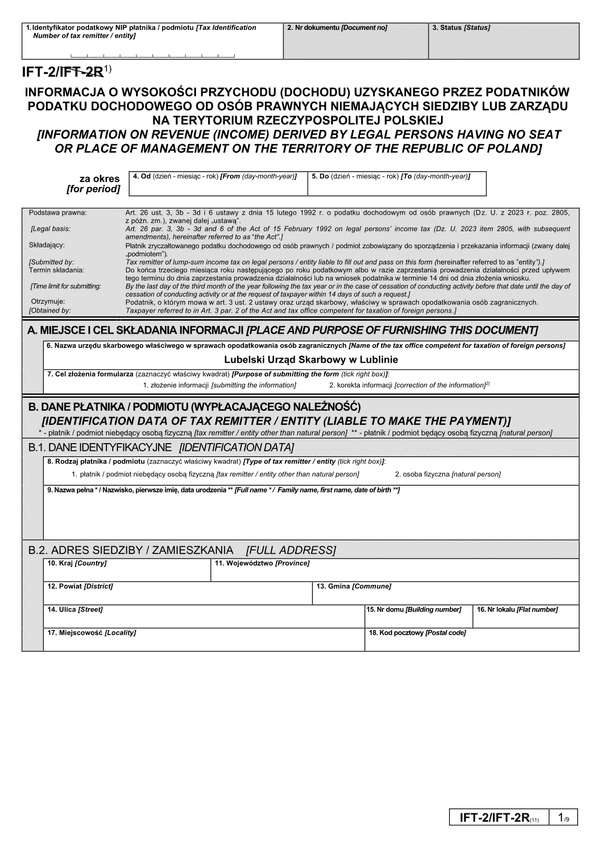 IFT-2 (11) (2024) Informacja o wysokości przychodu (dochodu) uzyskanego przez podatników podatku dochodowego od osób prawnych niemających siedziby lub zarządu na terytorium Rzeczypospolitej Polskiej