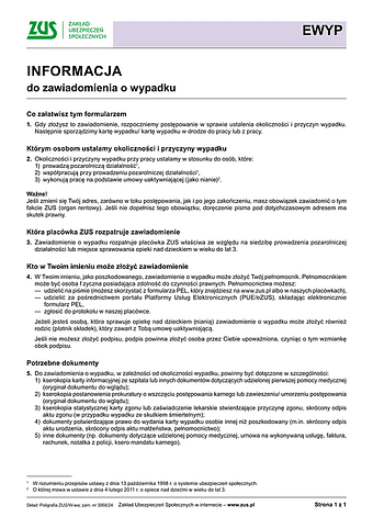 ZUS EWYP-Inf Informacja do zawiadomienia o wypadku