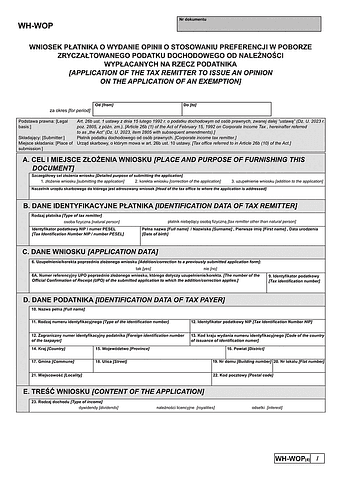 WH-WOP (4) Wniosek płatnika o wydanie opinii o stosowaniu zwolnienia