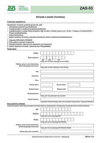 ZUS ZAS-53 Wniosek o zasiłek chorobowy - wersja papierowa