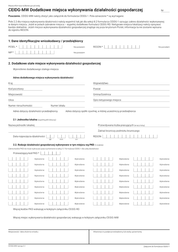 CEIDG-MW (3.1) Dodatkowe miejsca wykonywania działalności gospodarczej
