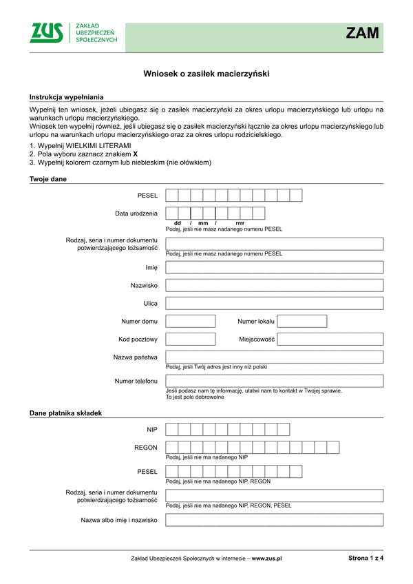 ZUS ZAM (archiwalny) Wniosek o zasiłek macierzyński