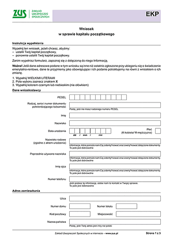 ZUS EKP Wniosek w sprawie kapitału początkowego - wersja papierowa
