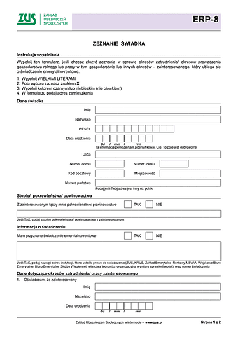 ZUS ERP-8  Zeznanie świadka w sprawie emerytalno-rentowej 