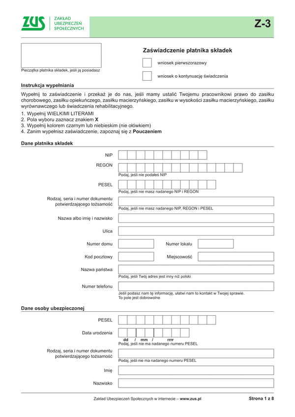 ZUS Z-3 Zaświadczenie płatnika składek - wersja papierowa